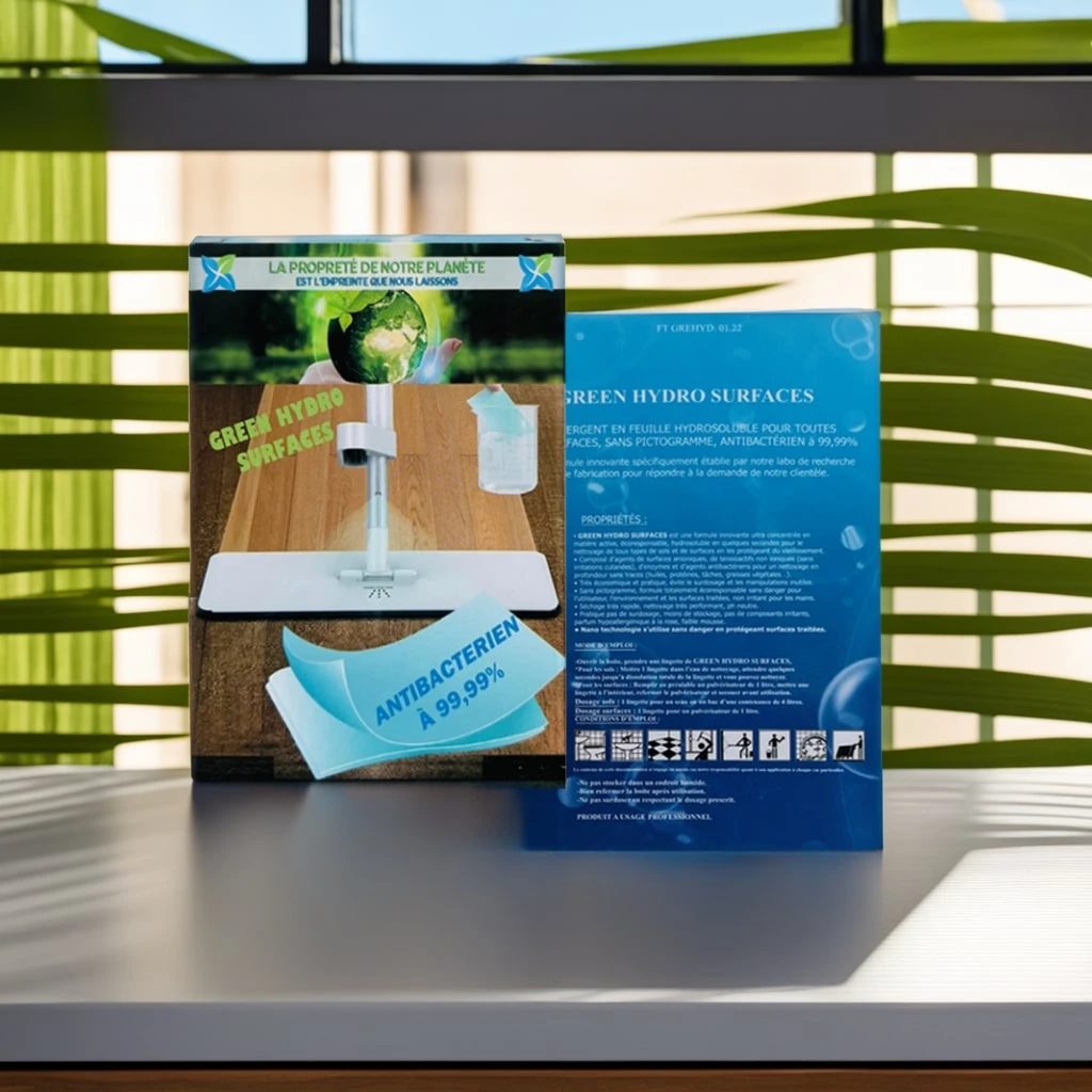 GREEN HYDRO SURFACES 4X60 LINGETTES - DÉTERGENT EN FEUILLE HYDROSOLUBLE POUR TOUTES SURFACES, ECORESPOSABLE, ENZYMATIQUE, ANTIBACTÉRIEN À 99,99%