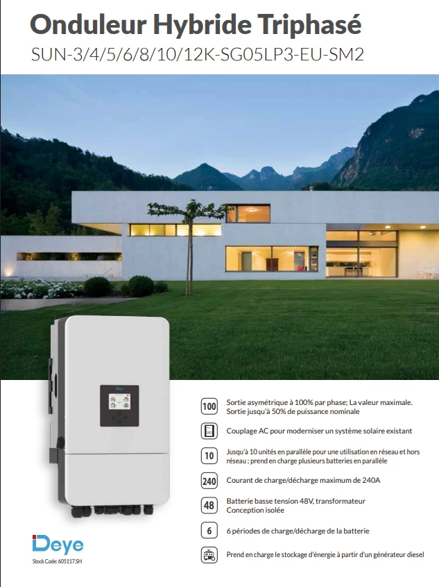 Kit couplage AC triphasé 8 kw DEYE hybride + batterie 15 KWH