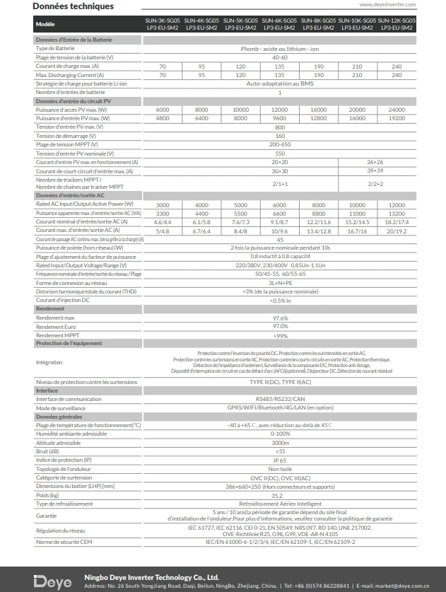 Kit couplage AC triphasé  8 kw DEYE hybride  + batterie 15 KWH