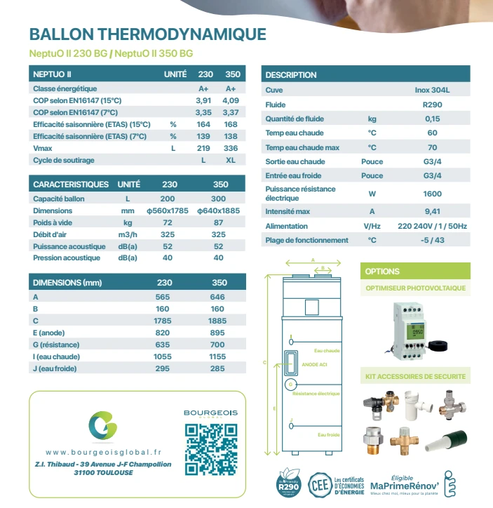 Chauffe eau thermodynamique Bourgeois Global Neptuo ll 200l pose inclus en remplacement existant , special instal pv