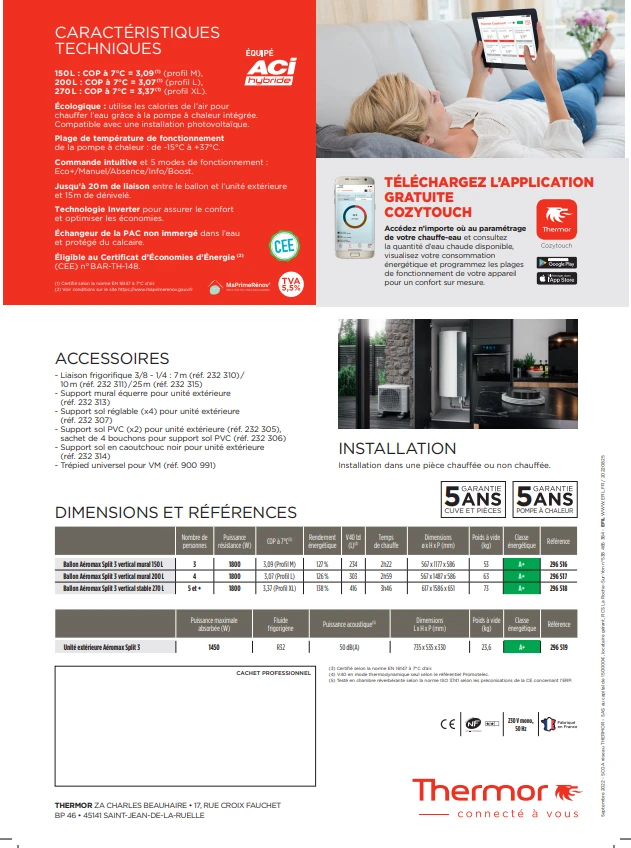 Chauffe-eau Thermodynamique 270l  Aéromax Split 3 pose inclus sur remplacement existant