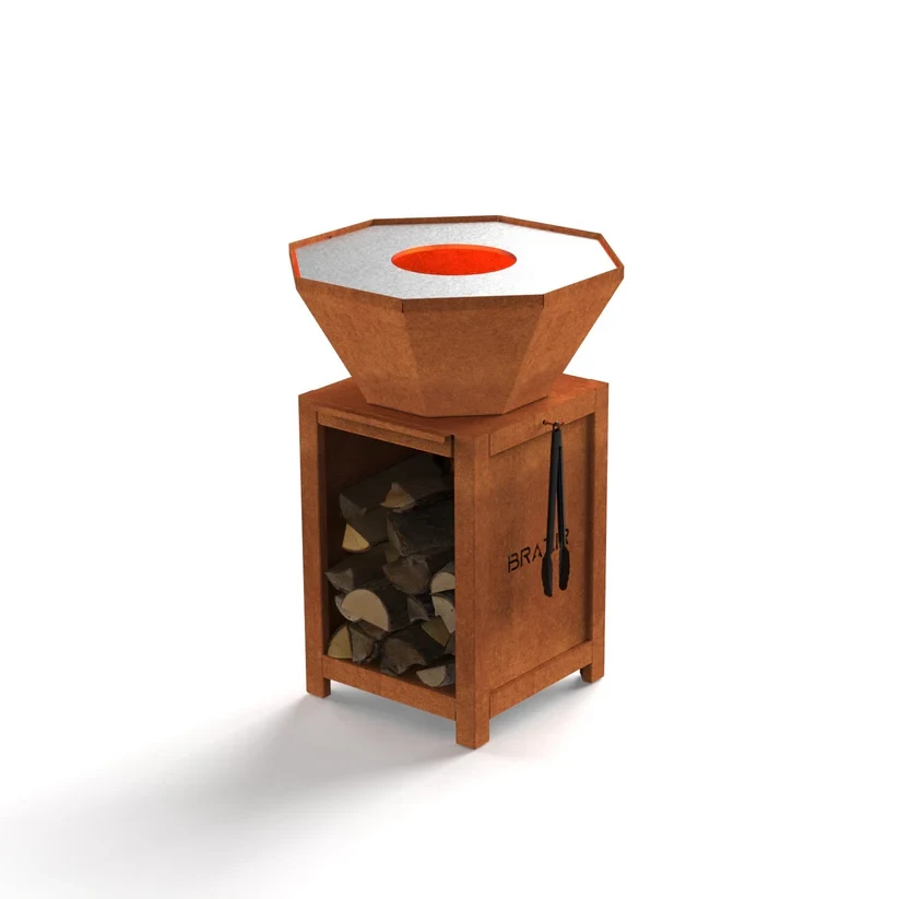 Brasero-Plancha 640 mm : Octogonal avec socle taille M - Finition Rouille - Idéal jusqu'à 7 convives