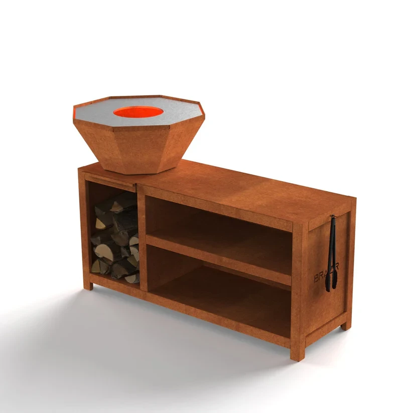 Brasero-Plancha 640 mm : Octogonal avec socle taille XL - Finition Rouille - Idéal jusqu'à 7 convives