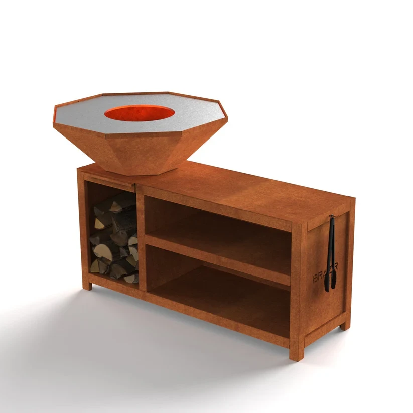 Brasero-Plancha 840 mm : Octogonal avec socle taille XL - Finition Rouille - Idéal de 8 à 15 convives