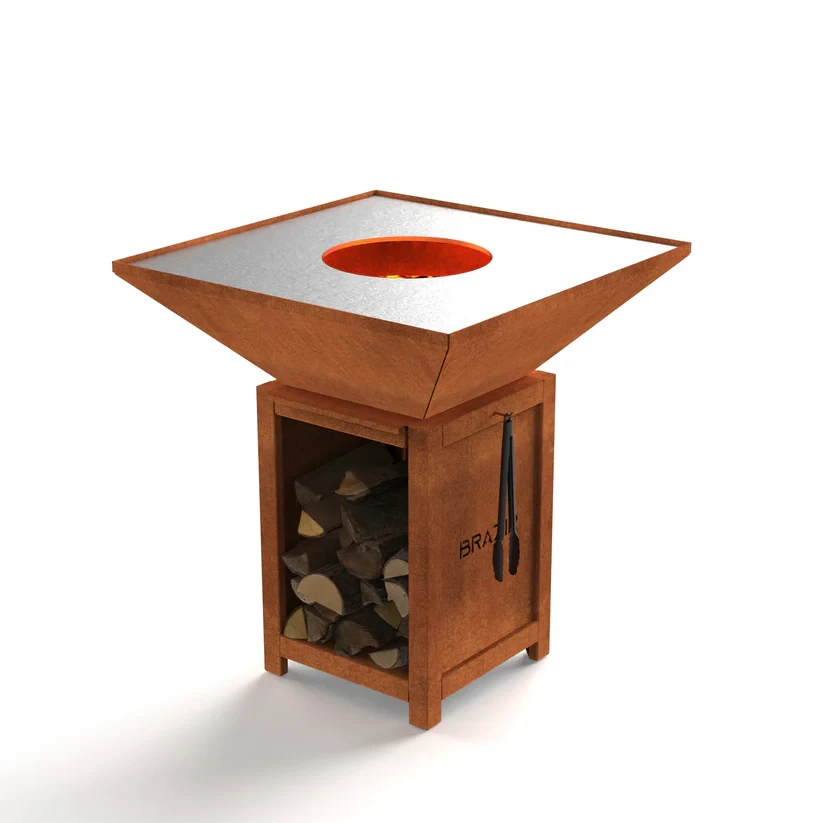 Brasero-Plancha 840 mm : Carré avec socle taille M - Finition Rouille - Idéal de 8 à 15 convives