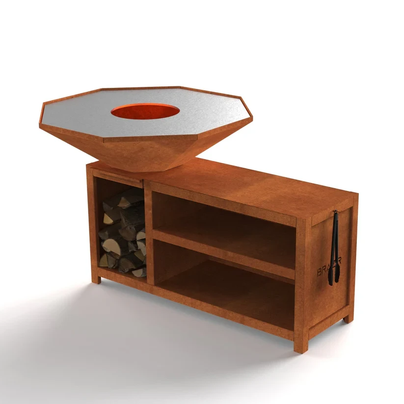 Brasero-Plancha 1040 mm : Octogonal avec socle taille XL - Finition Rouille - Idéal de 16 à 30 convives