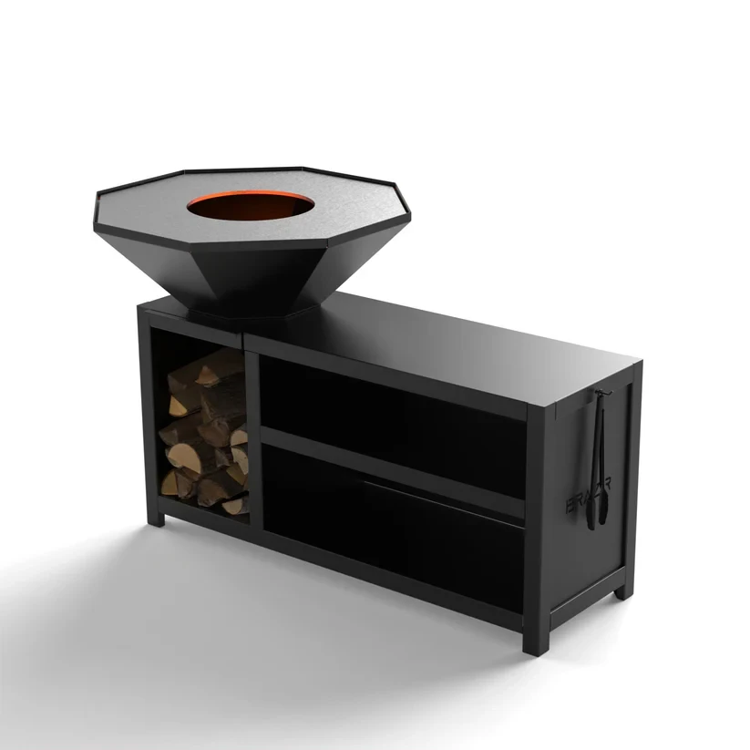 Brasero-Plancha 840 mm : Octogonal avec socle taille XL - Finition Noire : peinture thermolaquée haute température - Idéal jusqu'à 15 convives