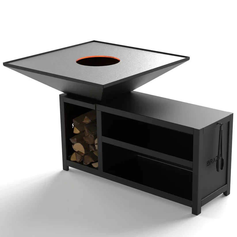 Brasero-Plancha 1040 mm : Carré avec socle taille XL - Finition Noire : peinture thermolaquée haute température - Idéal jusqu'à 30 convives