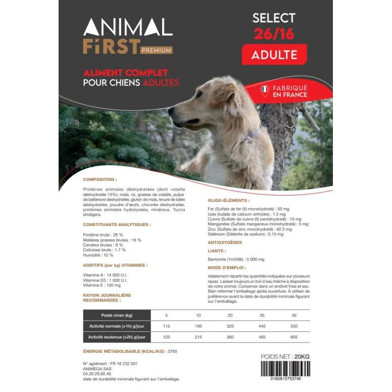 Croquettes Animal First pour chien Premium Select 26/16