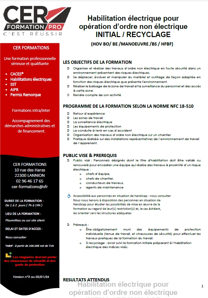 Habilitation Électrique – Opérations d’ordre non électrique