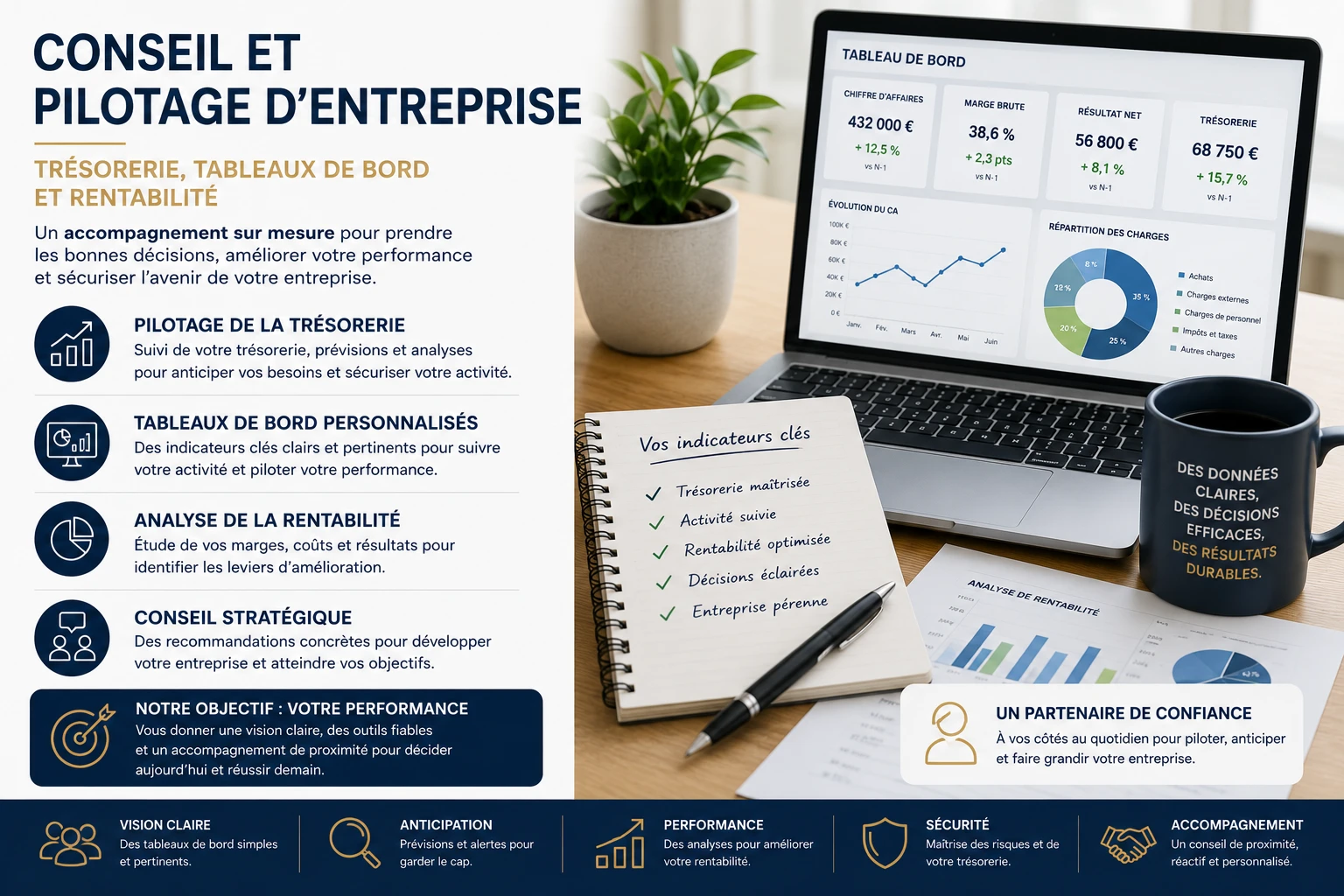 Conseil et pilotage d’entreprise – Trésorerie, tableaux de bord et rentabilité