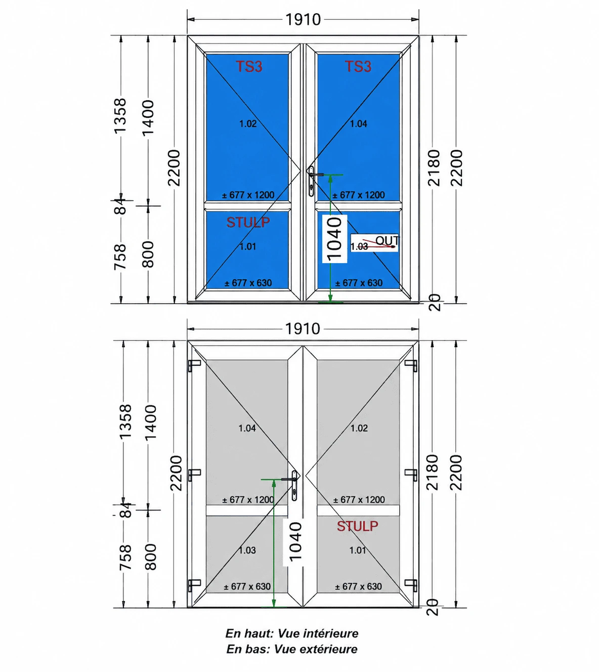 Porte d’entrée PVC double vantail ALUPLAST IDEAL 4000 – 1910 × 2200 mm – Neuvet