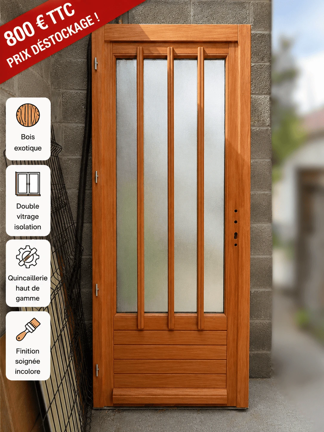 Porte d’entrée bois exotique vitrée – 2080 × 900 mm – Prix déstockage