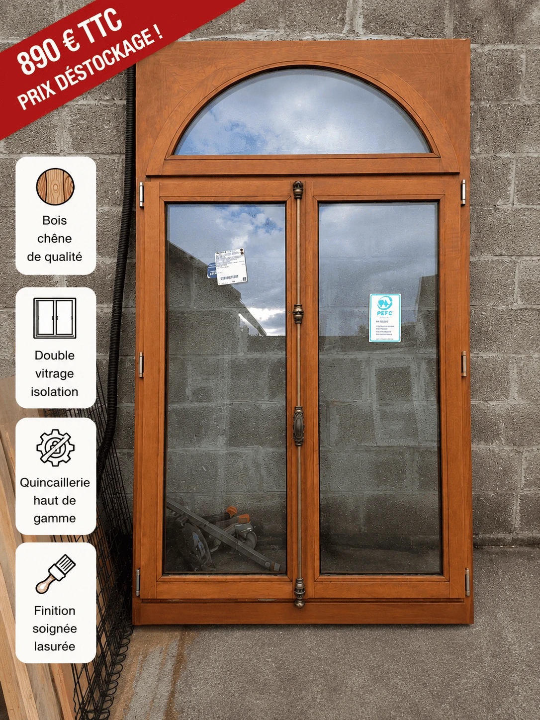 Fenêtre bois chêne 2 vantaux + imposte démontable – vitrage cintré – Prix déstockage