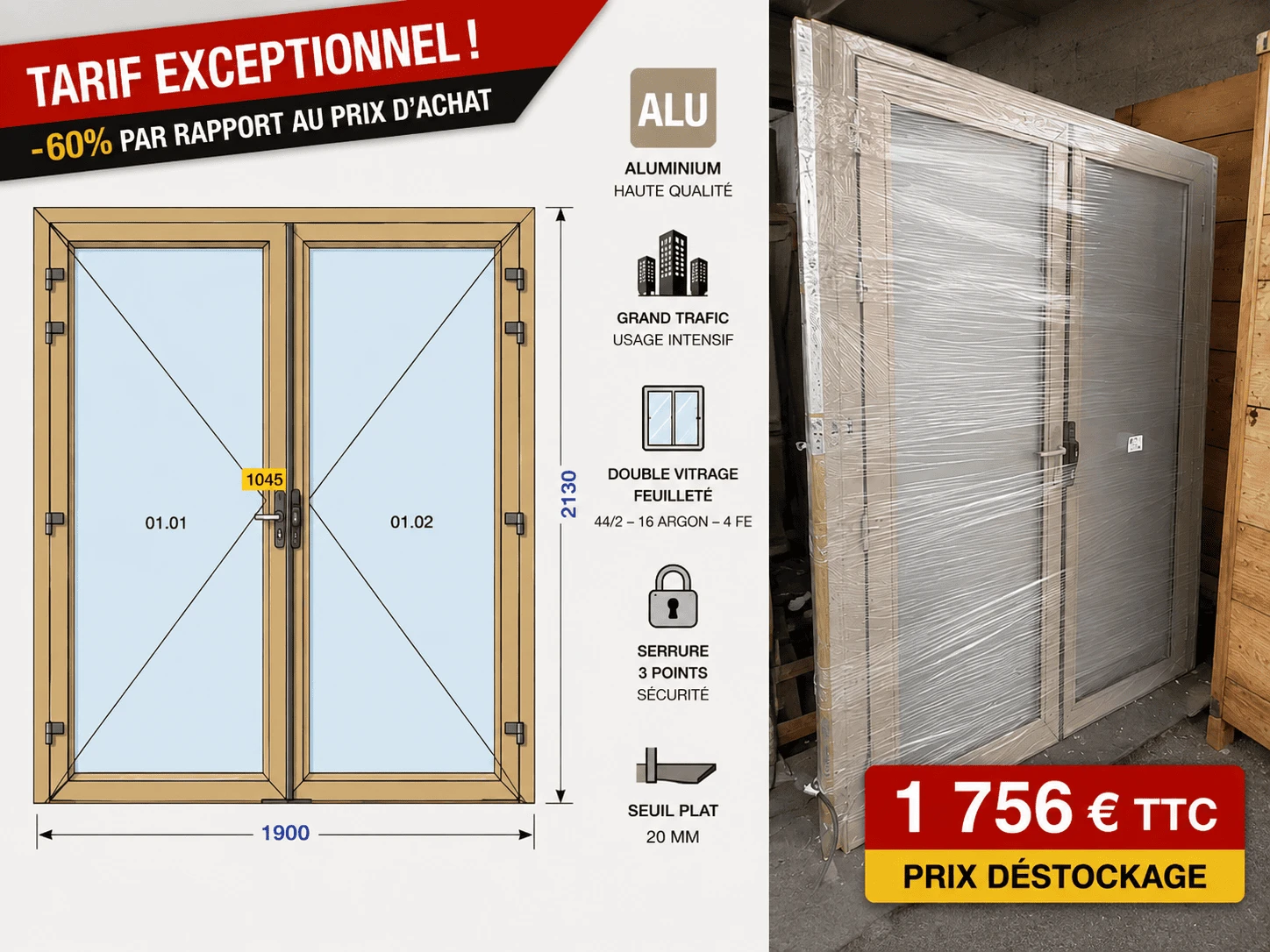 Porte d’entrée aluminium 2 vantaux Grand Trafic – 1900 × 2130 mm – Neuve – Déstockage
