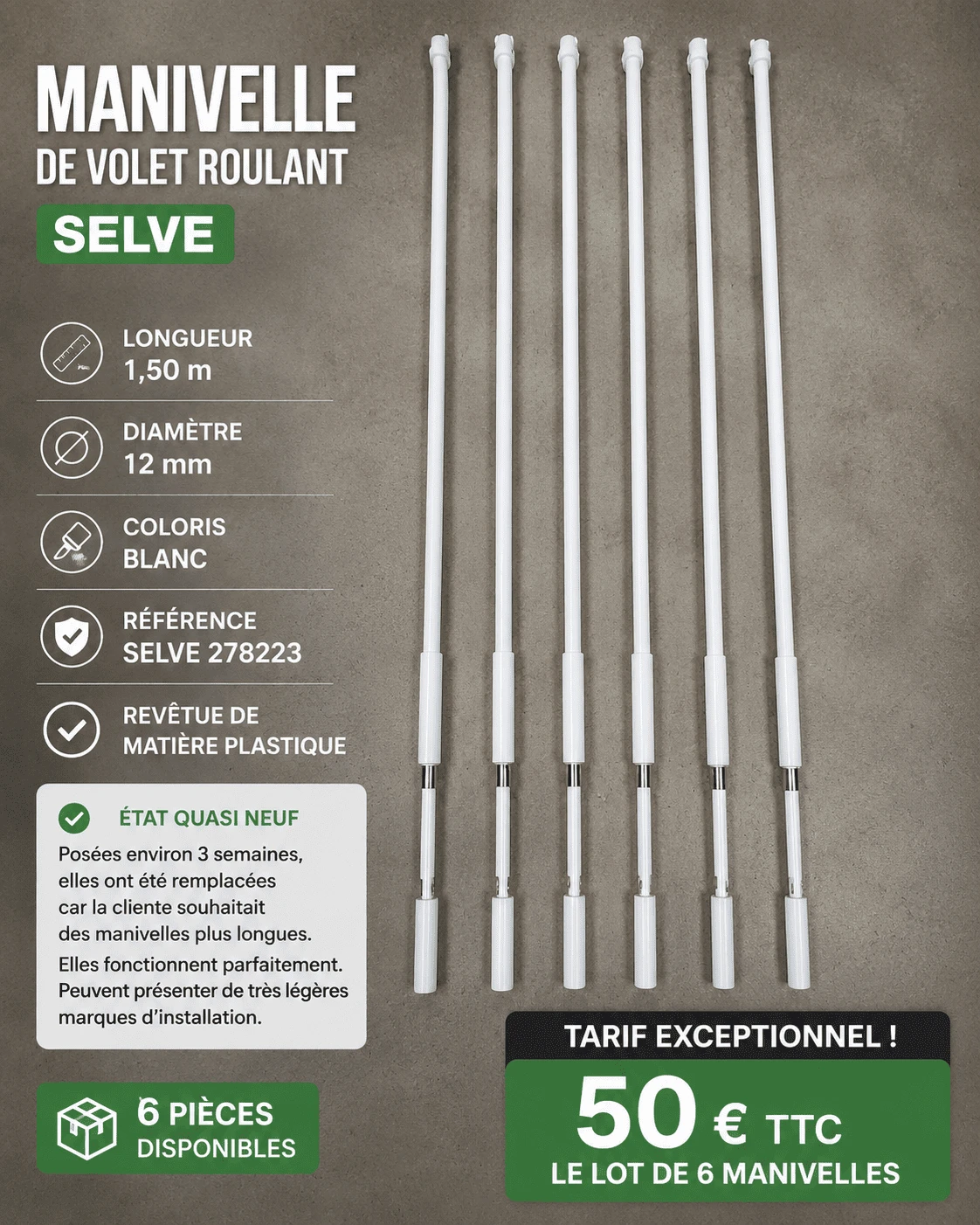 Lot de 6 manivelles de volet roulant SELVE – 1,50 m – Ø 12 mm – Blanc