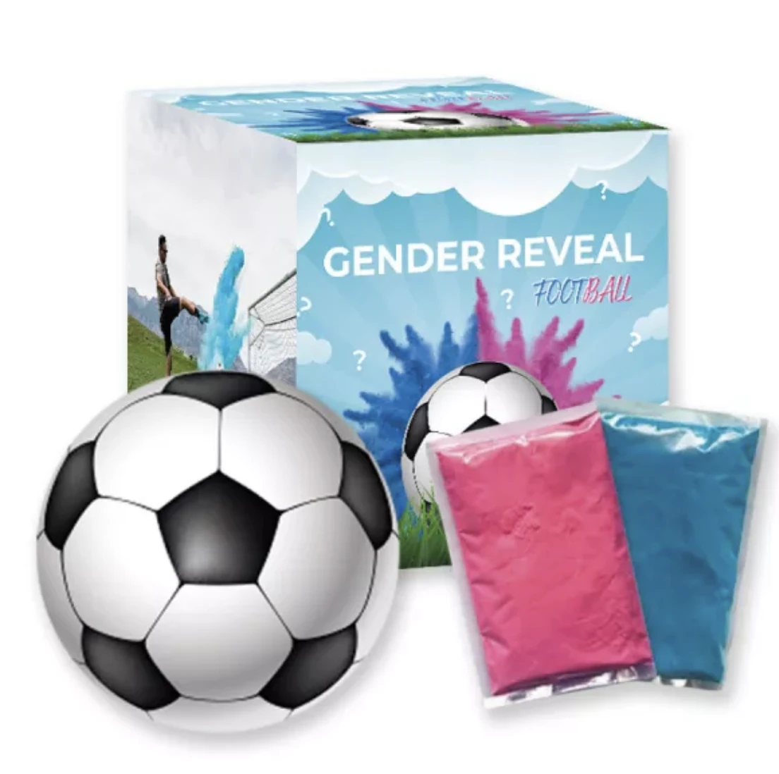 Ballon de foot gender reveal avec poudre bleu et rose pour révélation
