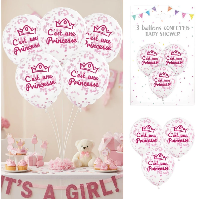 3 ballons C'EST UNE PRINCESSE 12'' 30 cm confettis papier rose