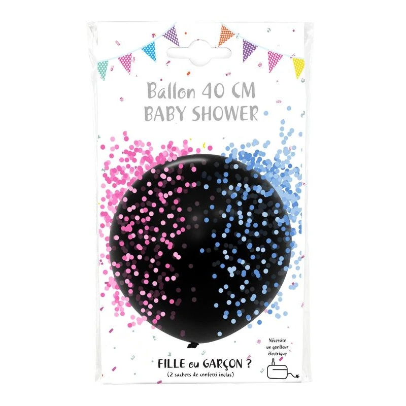 Ballon noir latex 40 cm + 2 sachets de confettis roses et bleus