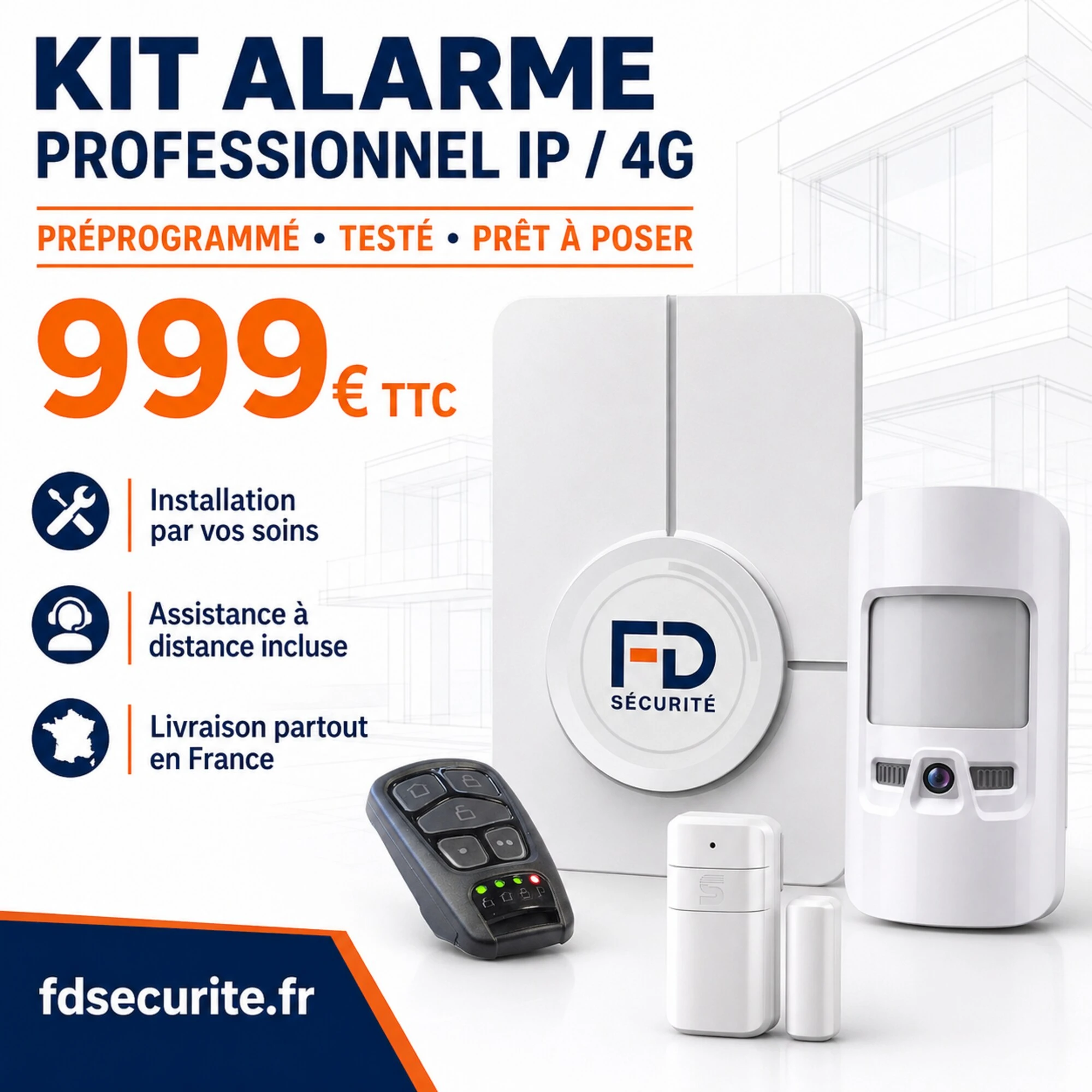 Kit alarme professionnel IP/4G avec détecteur photo, préprogrammé et prêt à poser. Assistance initiale à distance et livraison partout en France.
