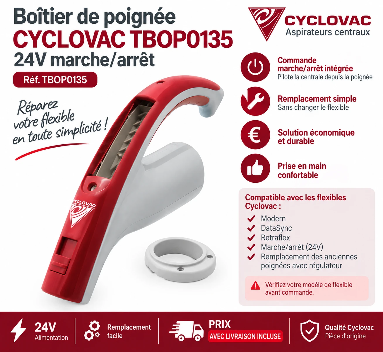 Poignée de remplacement Cyclovac TBOP0135 24V marche/arrêt – sans embout
