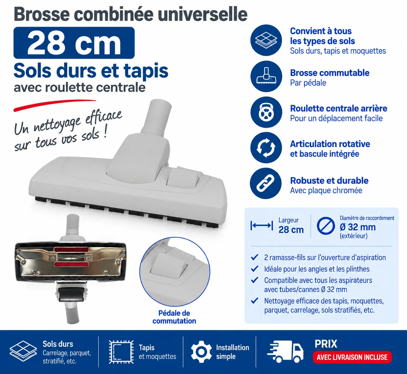 Brosse combinée universelle grise 28 cm – sols durs et tapis