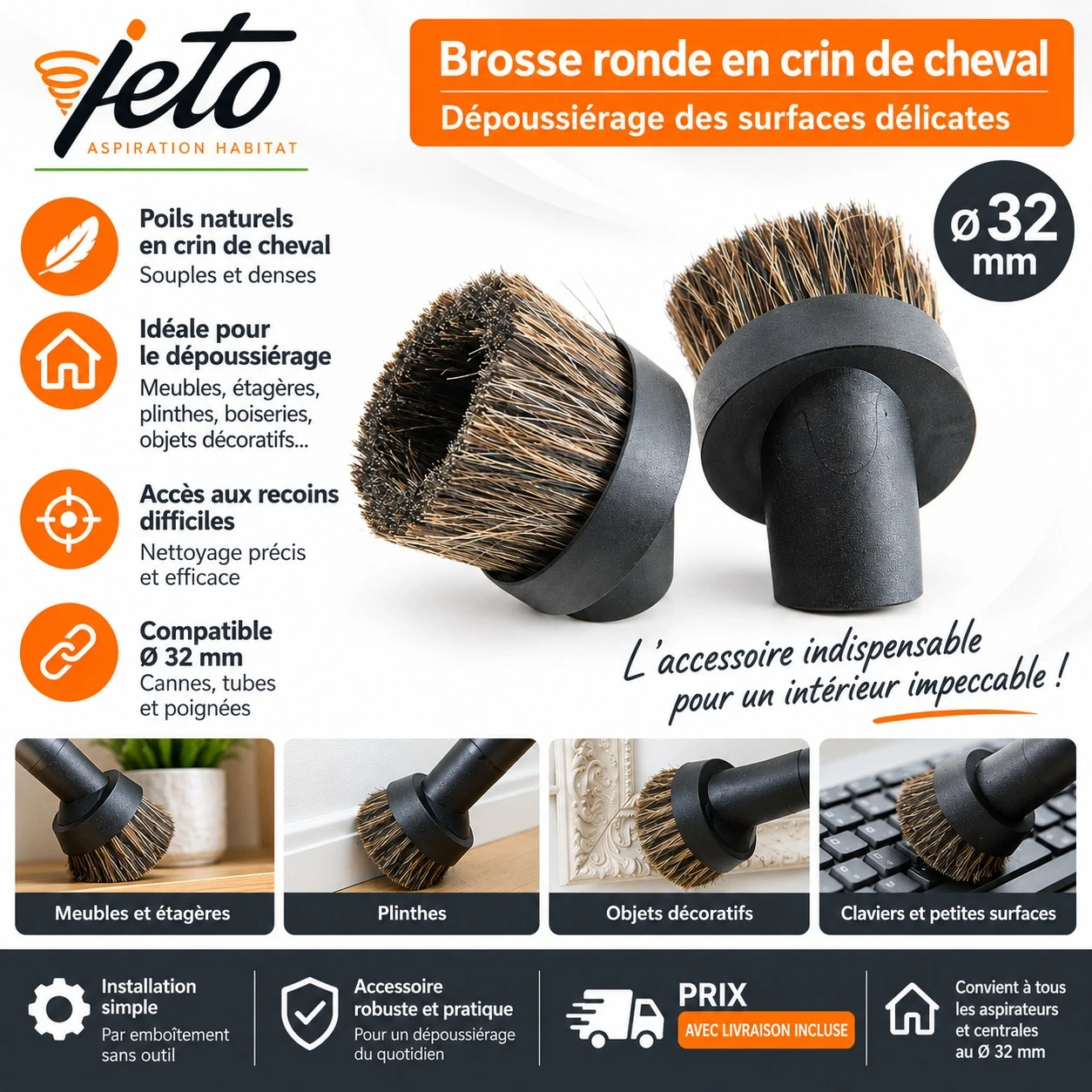 Brosse aspirateur ronde en crin de cheval Ø 32 mm – Dépoussiérage