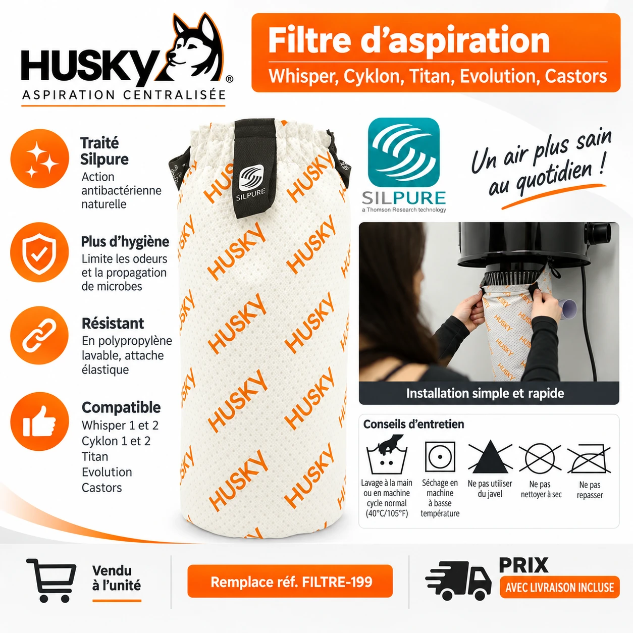Filtre d’aspiration HUSKY traité Silpure – Whisper, Cyklon, Titan, Evolution, Castors
