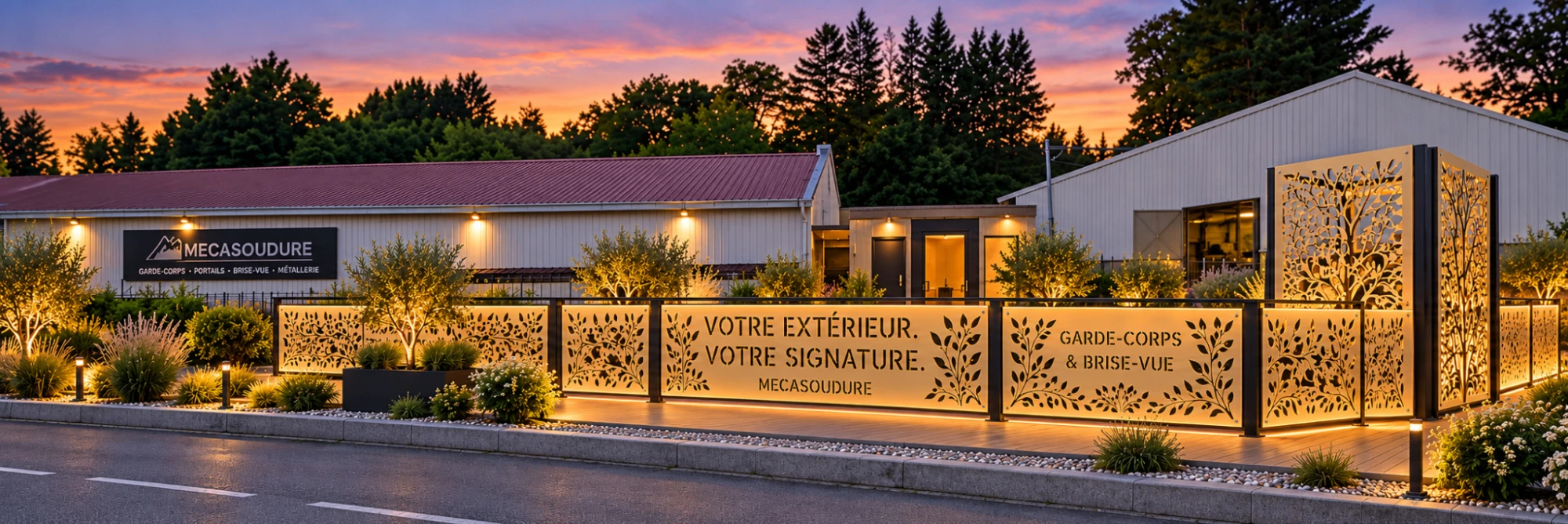 Garde-corps métallique sur mesure à motif découpé et éclairage LED