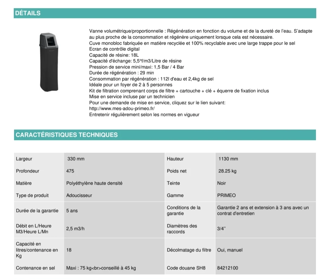 Adoucisseur d'eau 18L Primeo 2 Altech