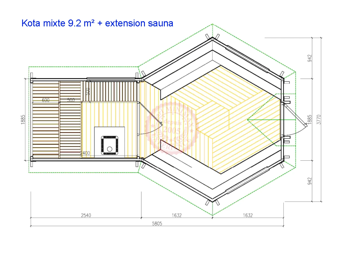 Kota mixte grill 9.2 m² extension sauna 2.50 m