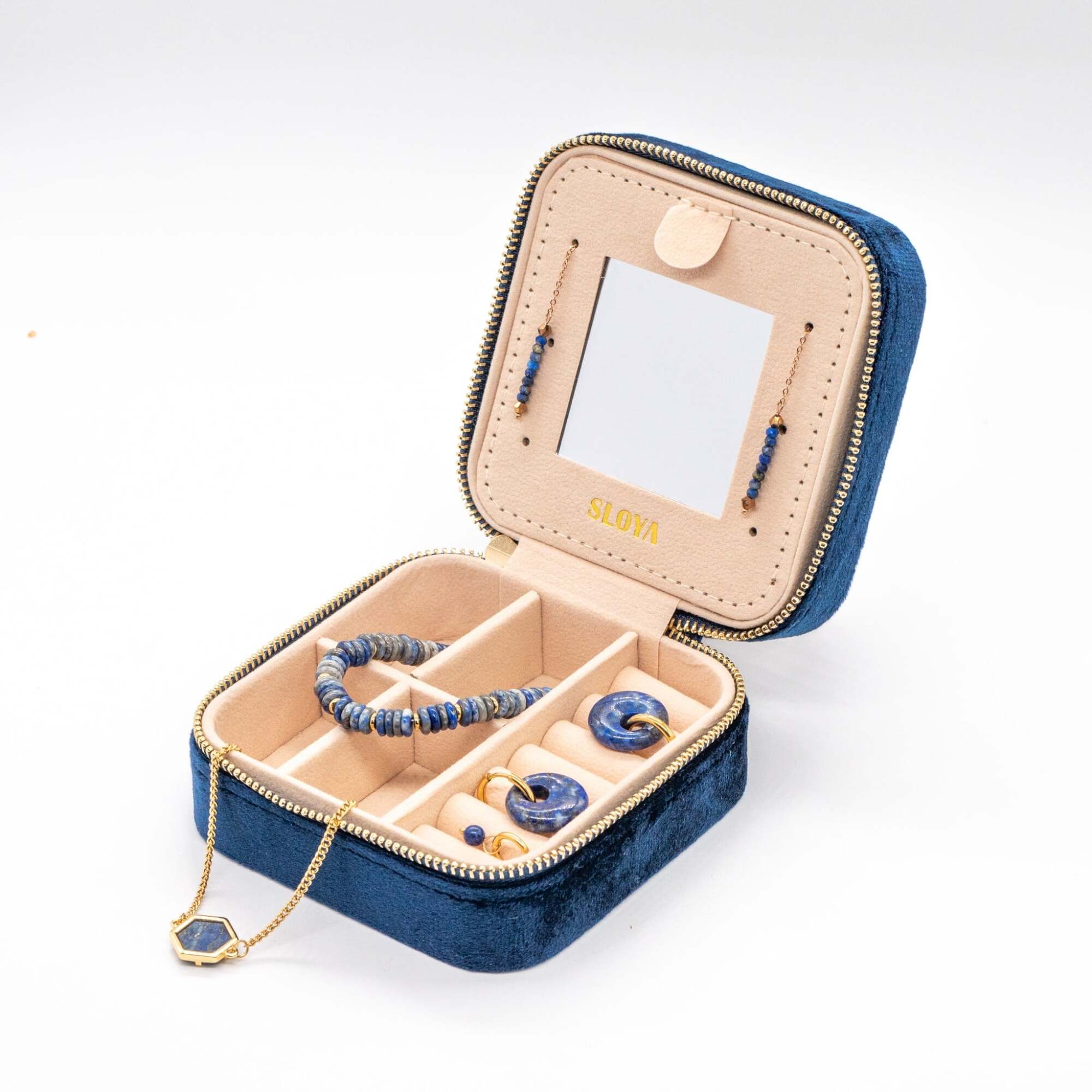 Boîte à bijoux velours bleu lapis-lazuli