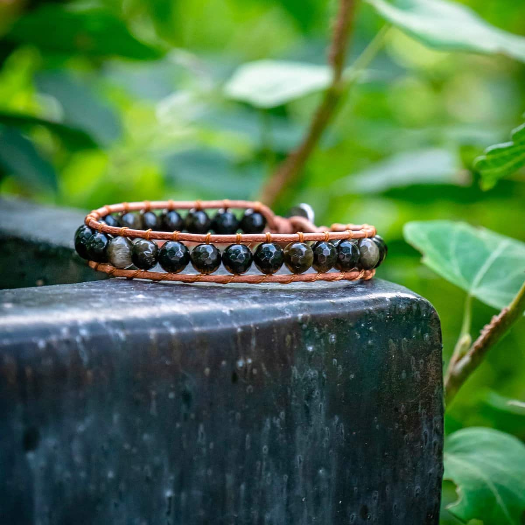 Bracelet Facelia en pierres Obsidienne et cuir véritable