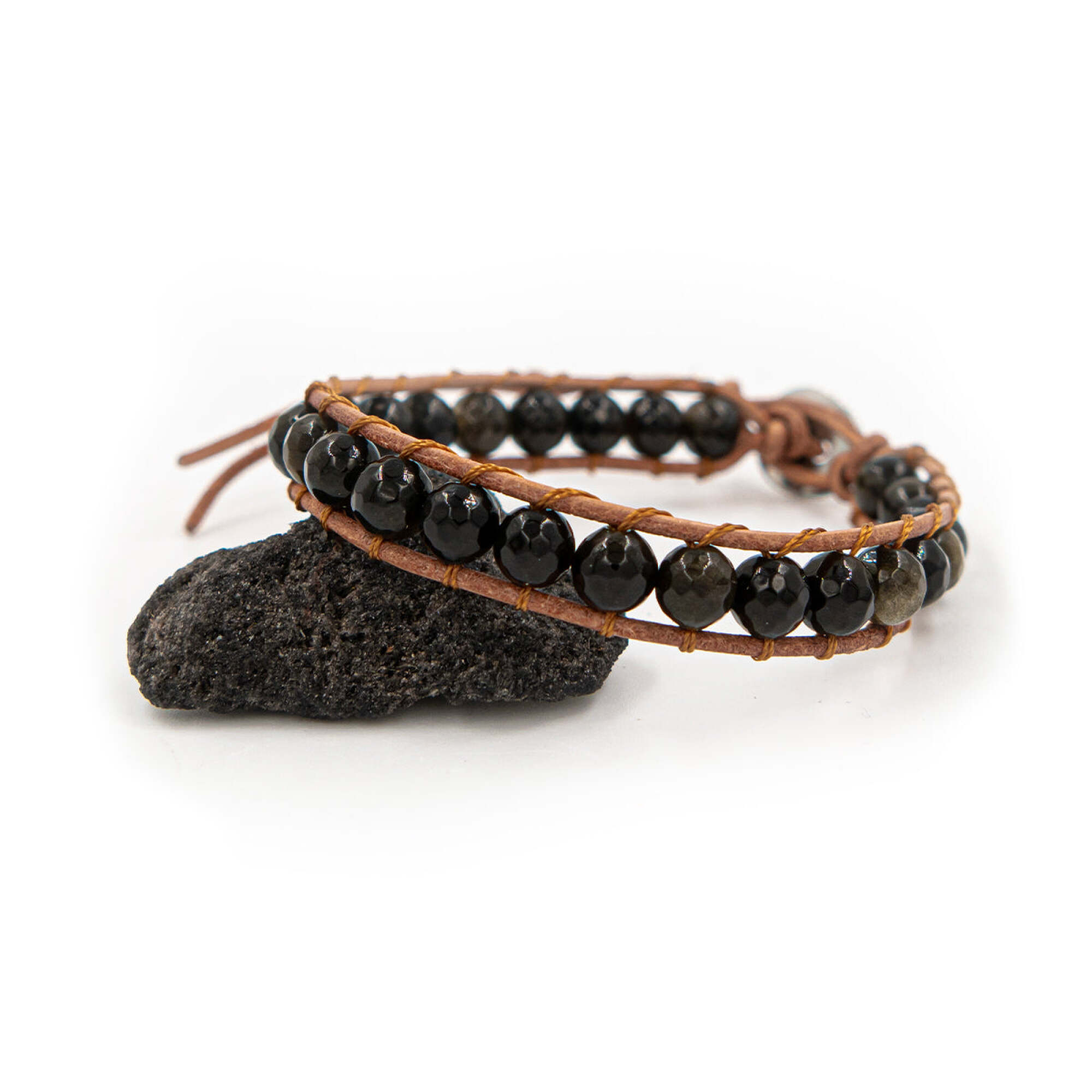 Bracelet Facelia en pierres Obsidienne et cuir véritable