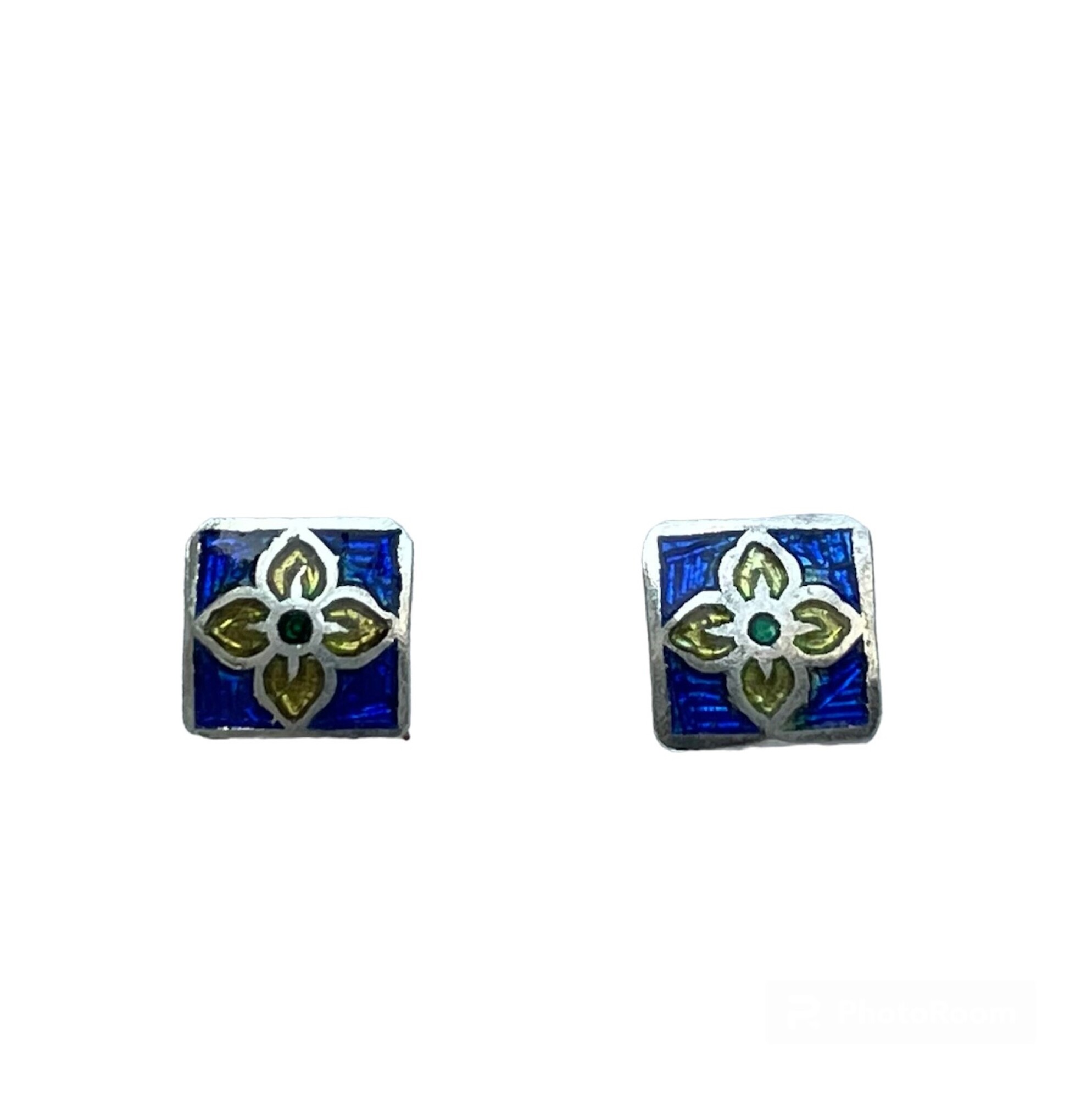 Boucles d'oreilles, clou d'oreille carré en argent et email