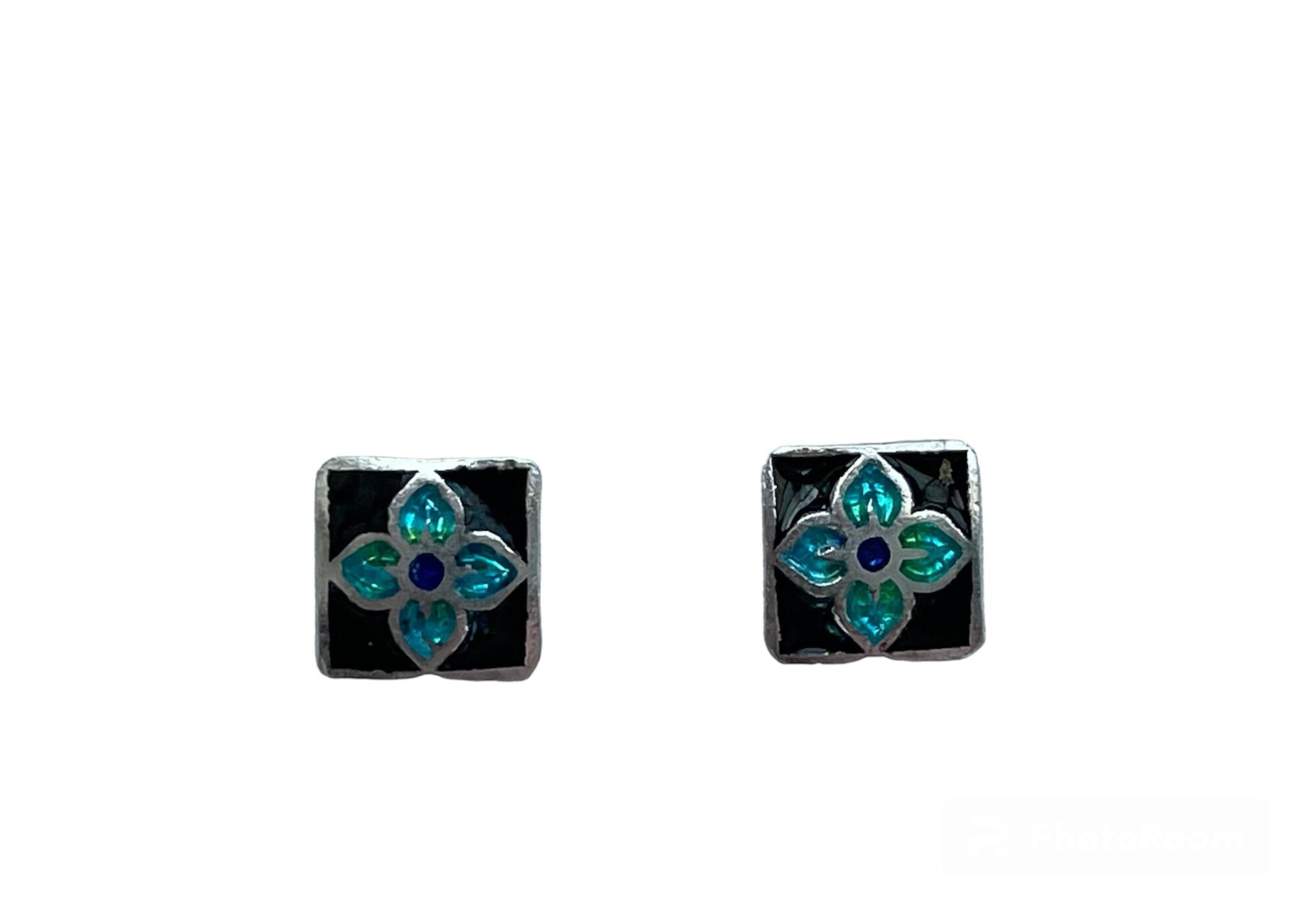 Boucles d'oreilles, clou d'oreille carré en argent et email