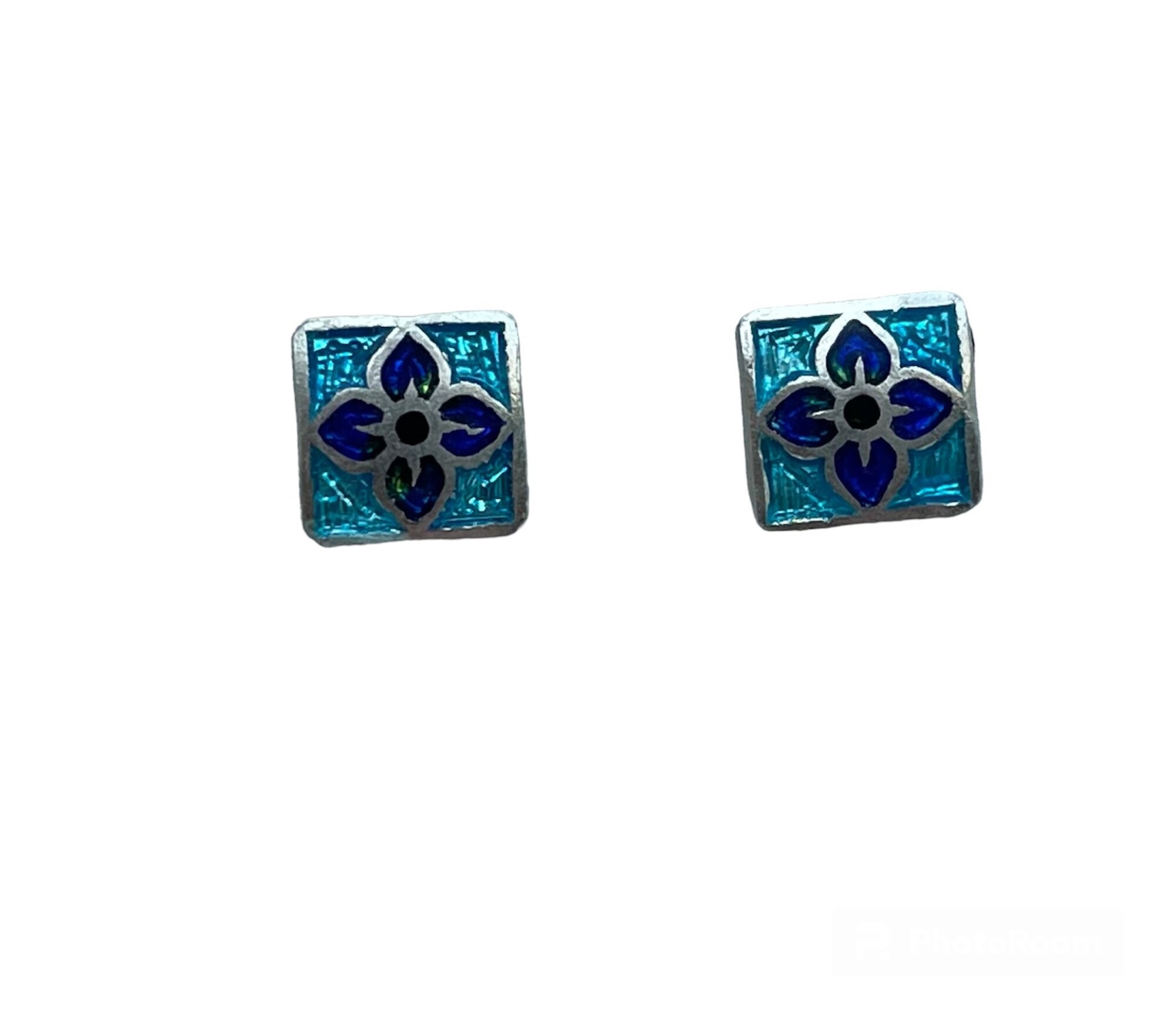 Boucles d'oreilles, clou d'oreille carré en argent et email