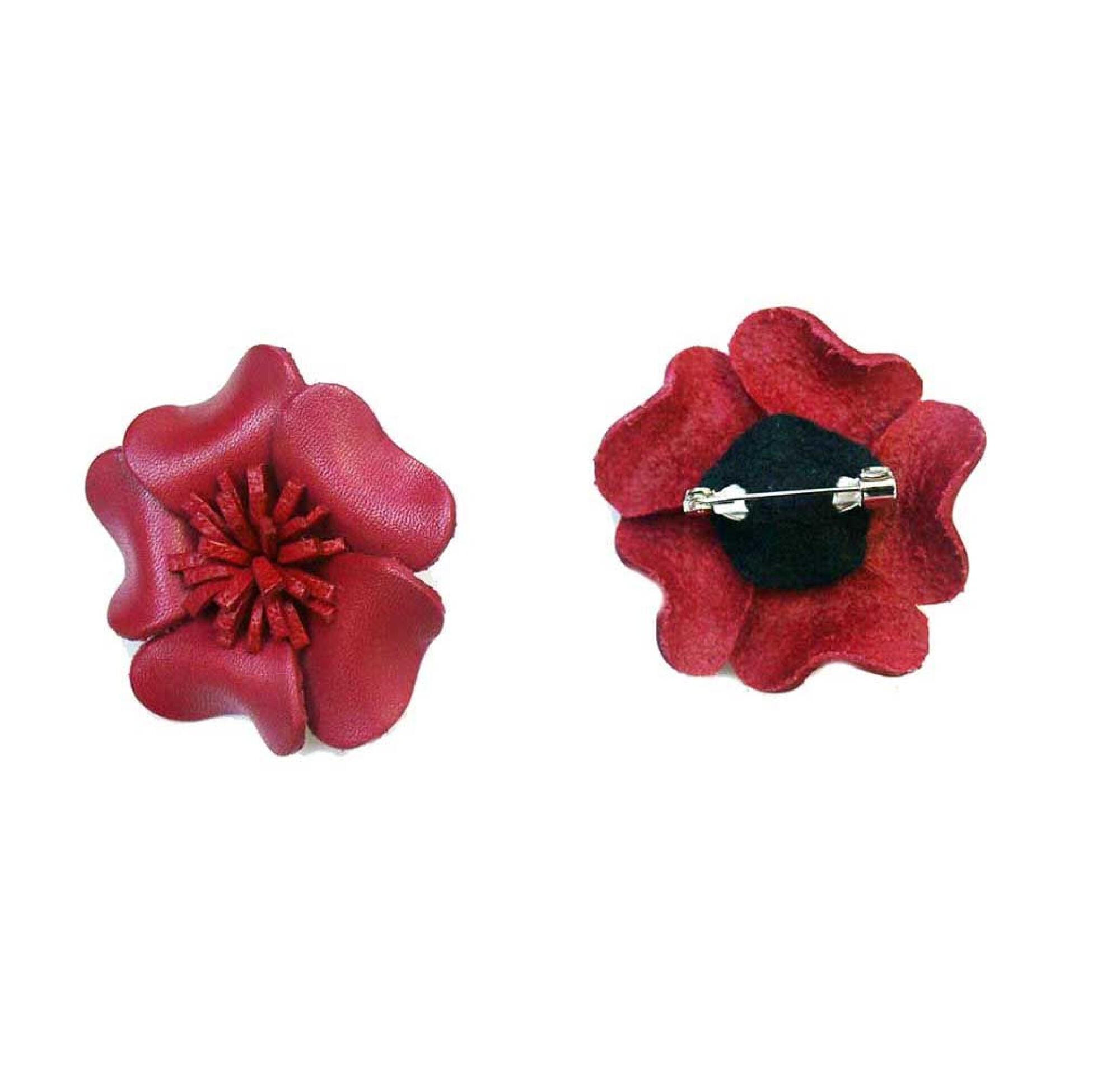 Broche cuir forme fleur de couleur rouge