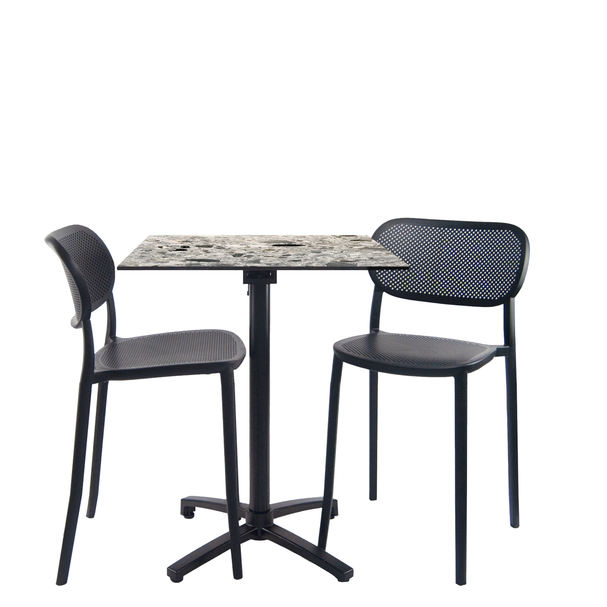 Lot de 1 table pliable décor galets h90cm + 2 chaises hautes pour terrasse