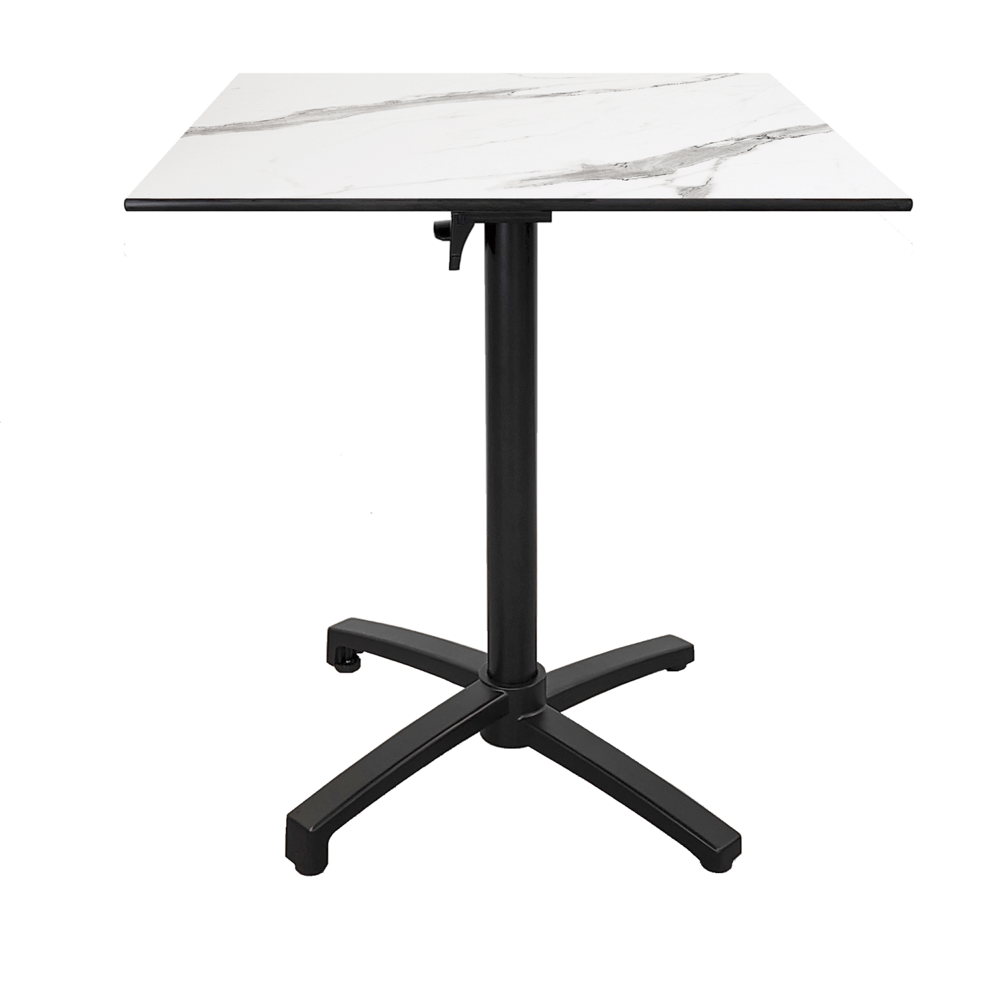 Table h90cm, pliable pour terrasse en Compact HPL décor marbre blanc 70x70