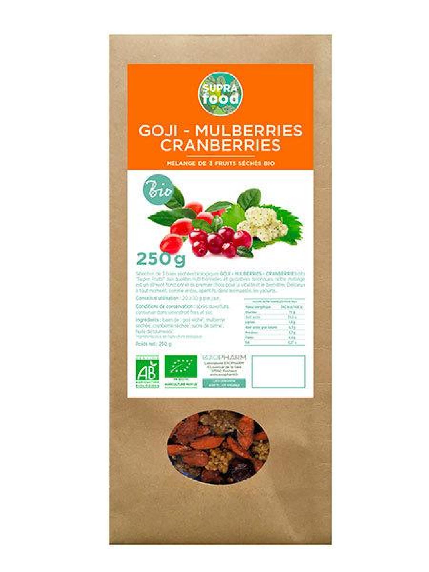 Mélange de 3 Super Fruits Goji Mulberries Cranberries biologiques 250 g